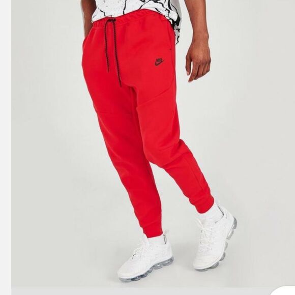 Nike MENS Tech Fleece Joggers Pants Cuffed University Red Black Sweatpants XL - Picture 3 of 12